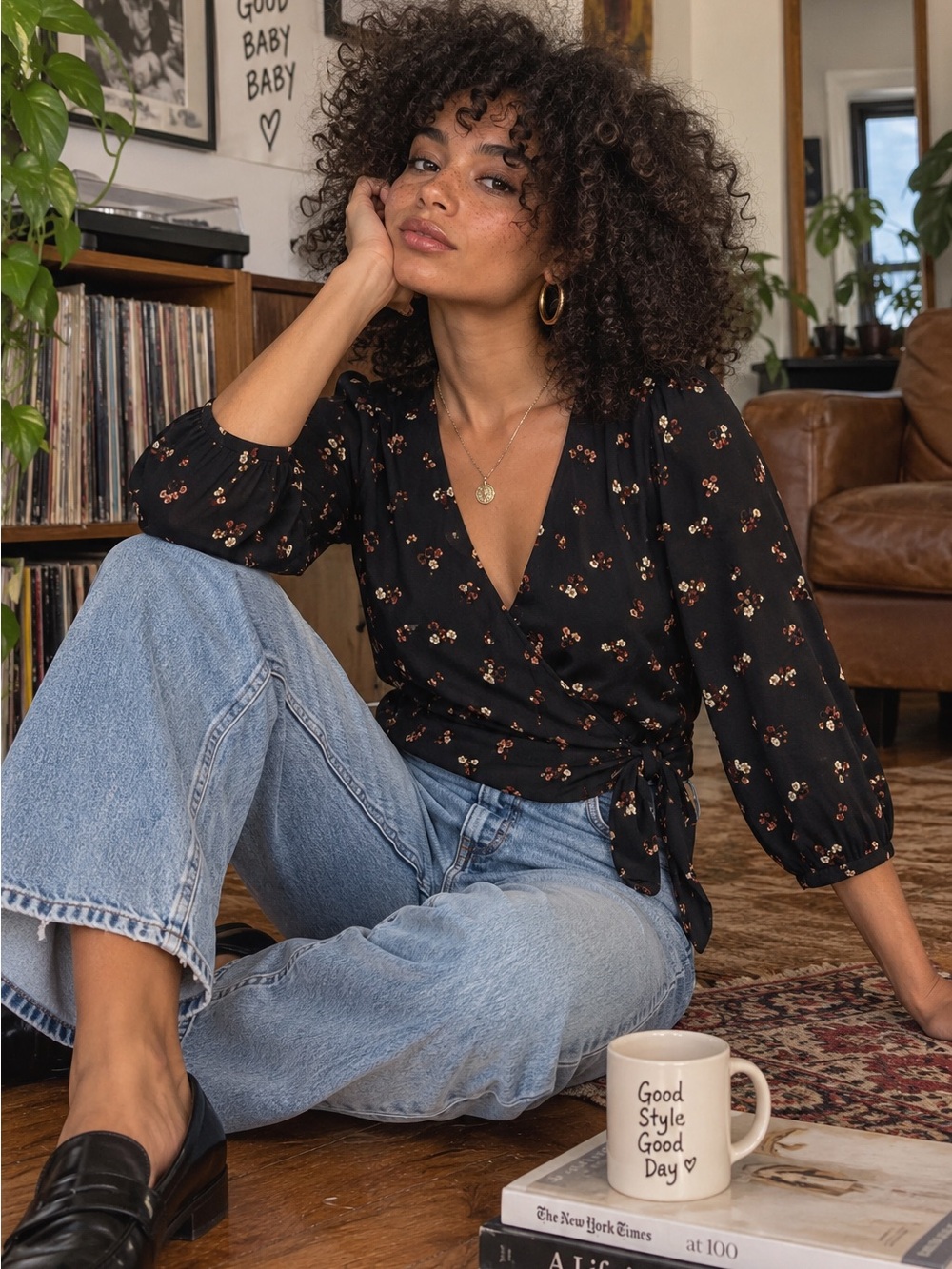 Madewell Flower Toss Floral Wrap Top Black XXS 70s Side Tie
